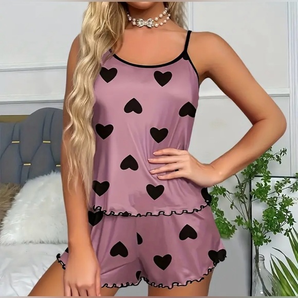 Women’s purple pink satin heart pajama set size S NWOT - Picture 3 of 12